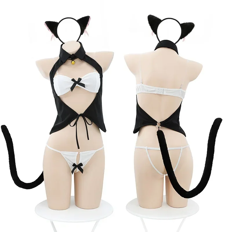 Lolita Katze Kitty Katze Uniform Frauen sexy Cosplay Dessous Unterwäsche freche Split-BH Höschen mit Schwanz Set Wildcat Kostüme