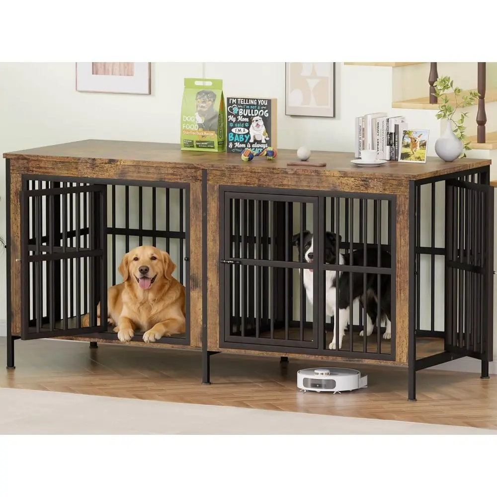 

Durable Wooden Double Dog Crate for Medium to Large Dogs, Indoor Kennel Furniture, Brown