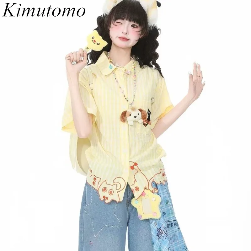 

Рубашки Kimutomo для женщин с вышивкой в виде кошки, в клетку, с коротким рукавом, модная винтажная блузка в стиле Y2K, эстетика Харадзюку, повседневная женская одежда