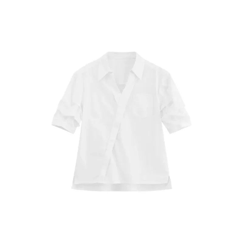 قميص أبيض بأكمام منتفخة بلوزة مكتب صيفية فضفاضة بأزرار سفلية مع ياقة وجيب ملابس عمل يومية غير رسمية #6