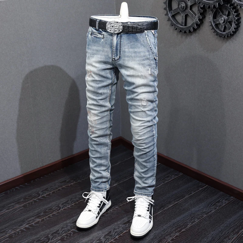 Fashion Vintage Men Jeans High Quality Retro Light Blue Elastic Slim Fit Ripped Jeans Men Embroidery Designer Denim Pants Hombre