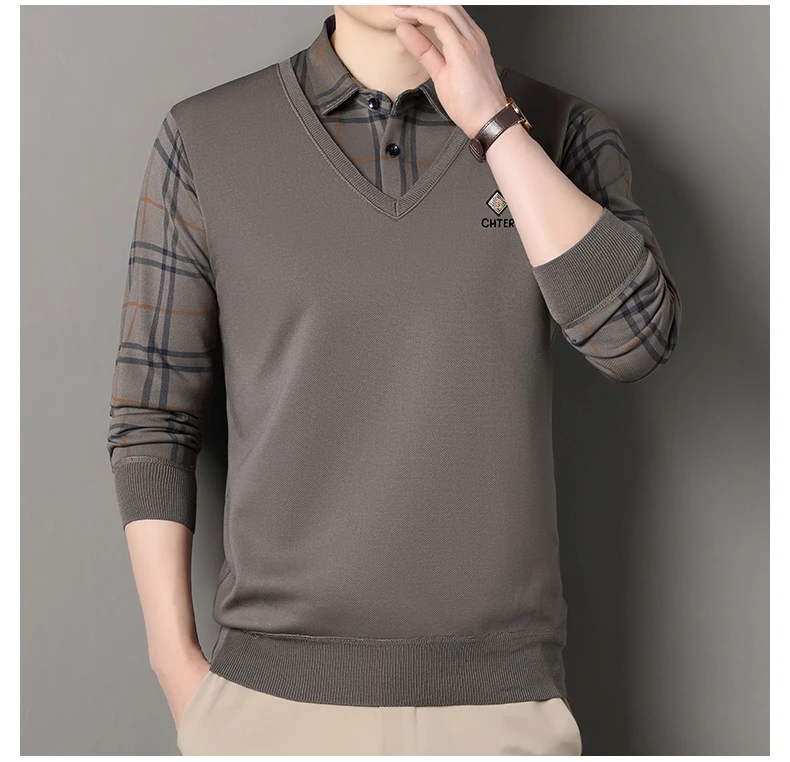 Herren Plaid Pullover Fleece Pullover Slim Fit Elegante Luxus Marke Gefälschte Zwei Stücke Gestrickte Pullover – Detail 4