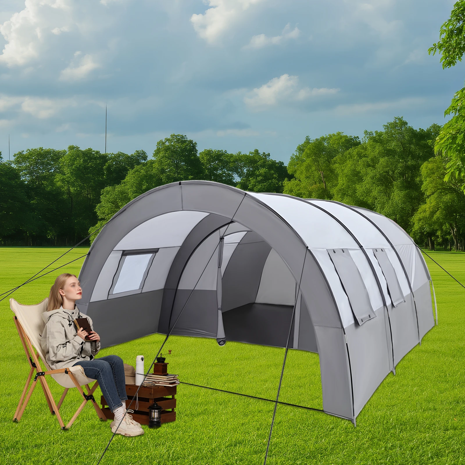 6-Personen-Camping-Tunnelzelt mit Tragetasche – Grau, 1500 mm wasserdicht, 50+ UV-Schutz, 9,5 mm Fiberglas-Stab, Familien-Campingzelt