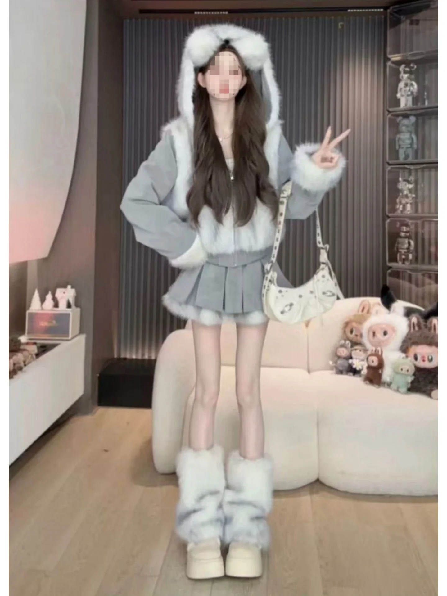 

Теплый зимний комплект с капюшоном и кроличьими ушками для женщин: модная свободная юбка-двойка с высокой талией, милый стиль