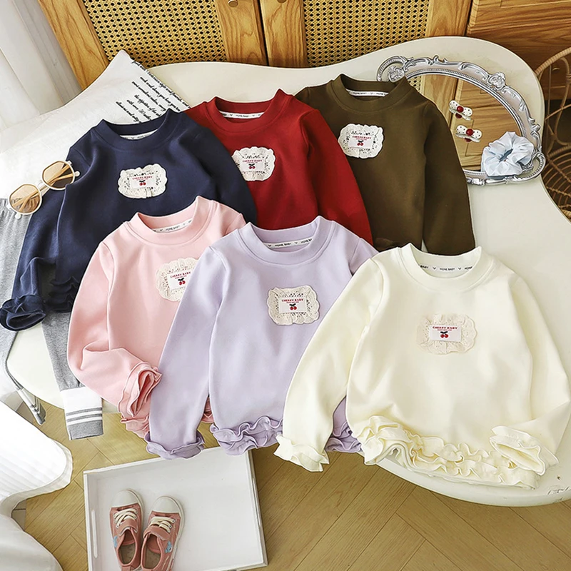 Girls Long Sleeve Lace Trim Undershirt Autumn Children's Round Neck Base Layer Shirt Korean Casual Tops for Girls