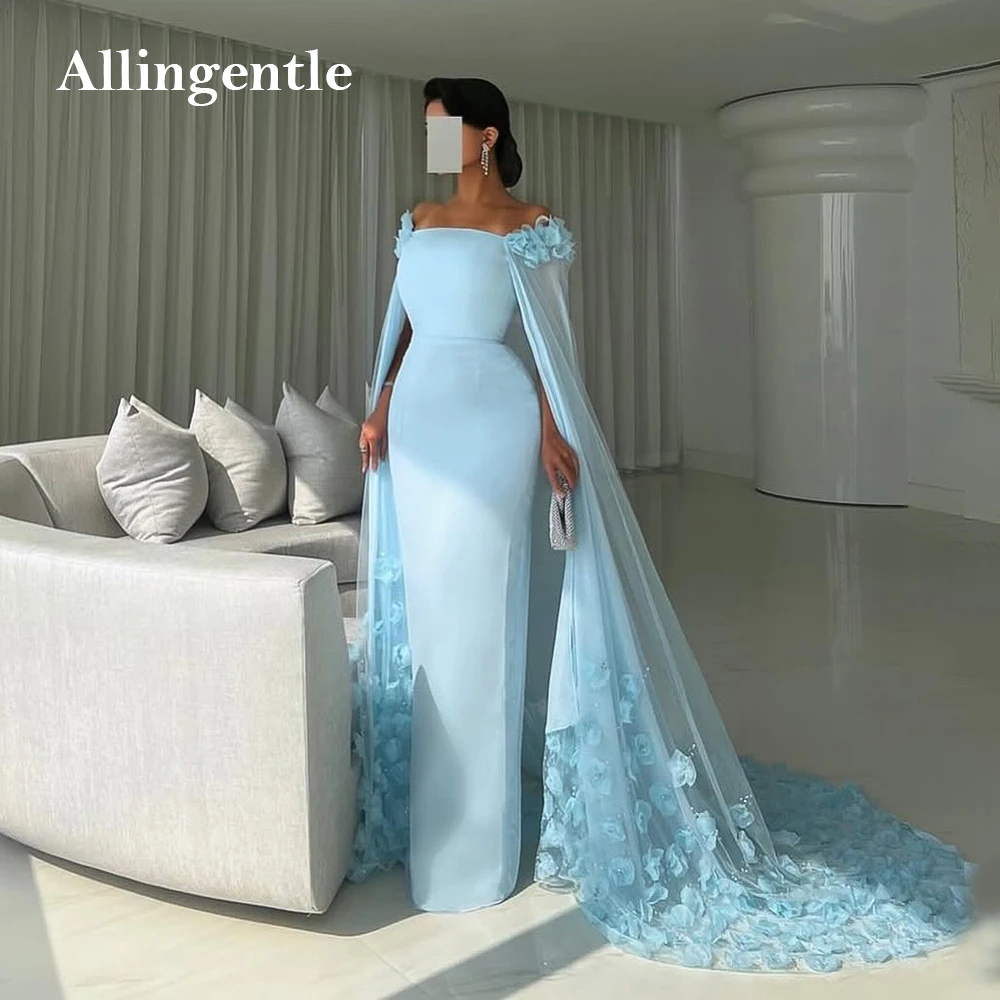 

Sky Blue Arabic Evening Dresses 3D Flowers Sweep Train Mermaid Long Prom Dress Vestidos De Noches Wedding Party Gowns Customized