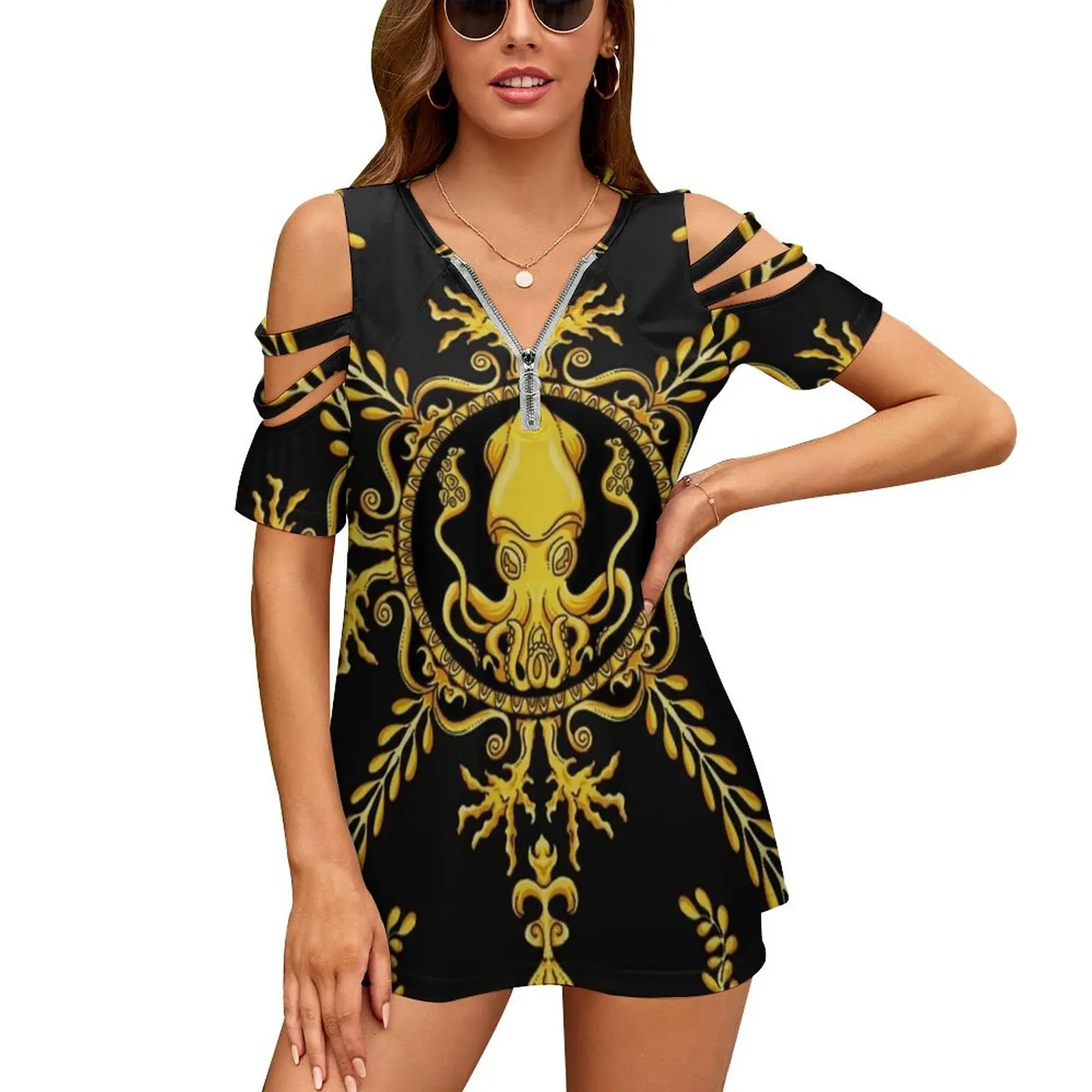 Designer Squid-Black Women'S T-Shirt Summer Fashion Print Floral V-Neck Zipper Tshirt Hollow Pullover Ladies Top