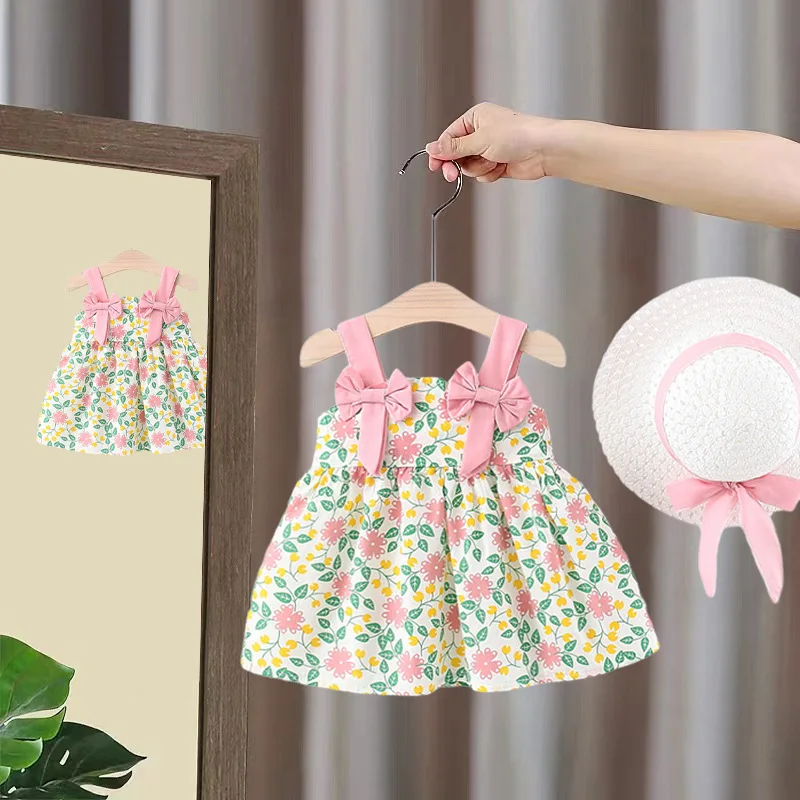 2Pcs/Set Summer Baby Girl Suspender Dresses Children Clothes Suit Flower Bow Fashion Toddler Kid\'s Costume Send Hat 0 To 3 Years