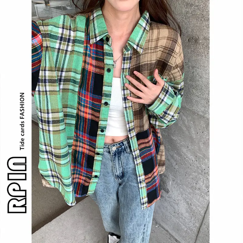 Personality Patch Plaid Shirts Women Men Oversized Harajuku Long Sleeves Tops High Street Chic Summer Simple College Blouse Coat