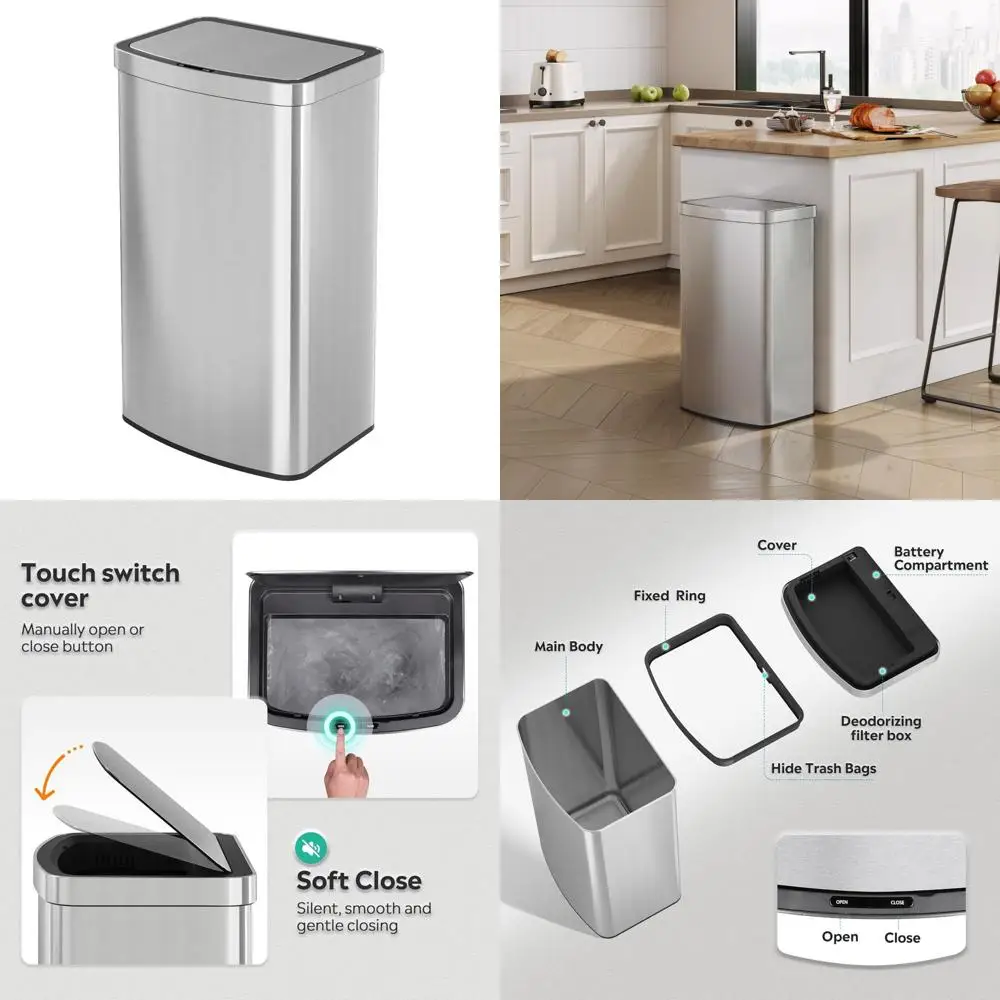

Motion Sensor Trash Can 16 Gallon, Automatic Soft Close Lid, Touchless Electronic Smart Kitchen Bin with 60 Liter Capacity