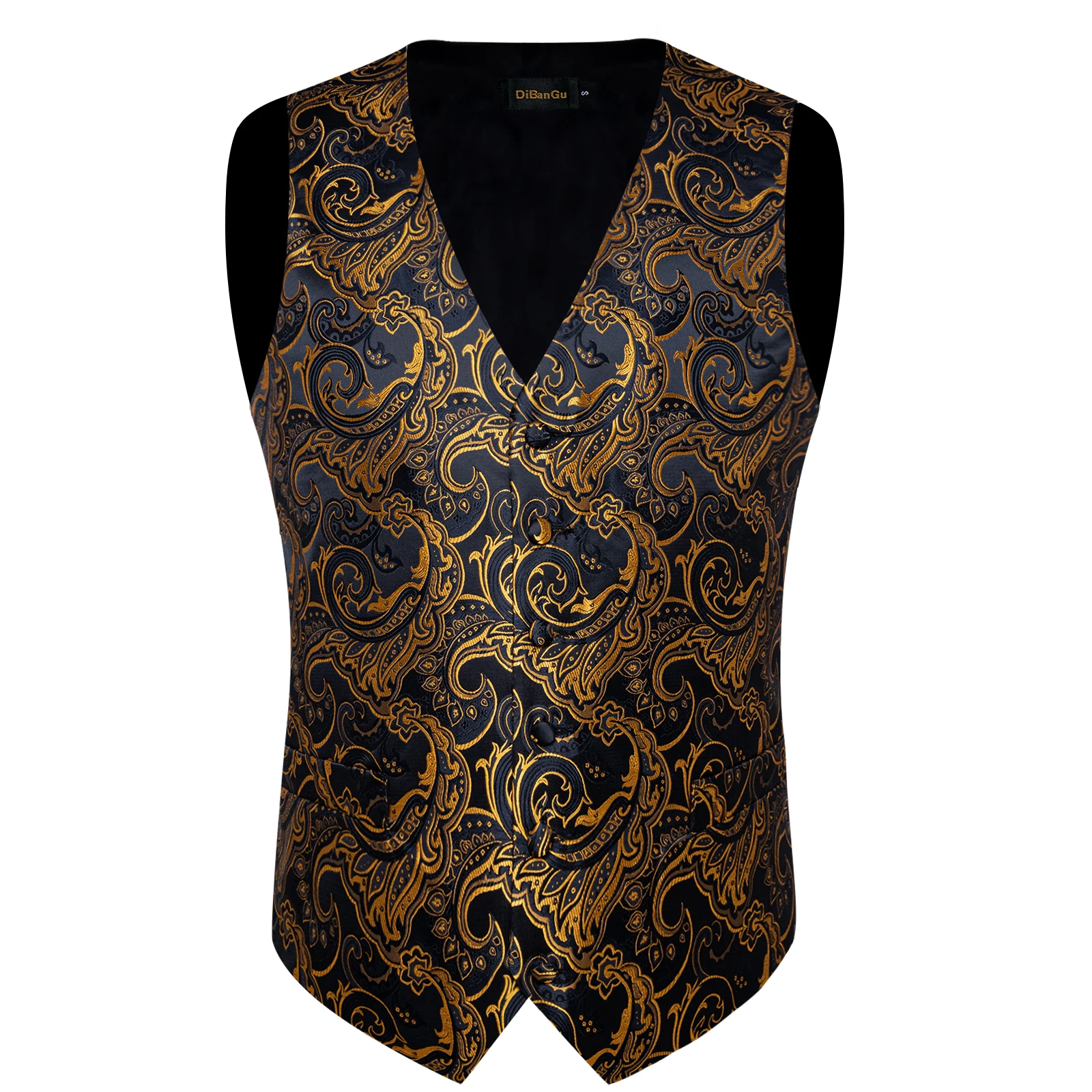 Luxury Golden Color Black Paisley Men\'s Suit Vest with Pre-tied Bow Tie Pocket Square Cufflinks Wedding Tuxedo Suits Waistcoat