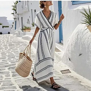 Summer Striped V Neck Ruffle Dress Women Casual Vacation Dresses Flowy Swing Dresses