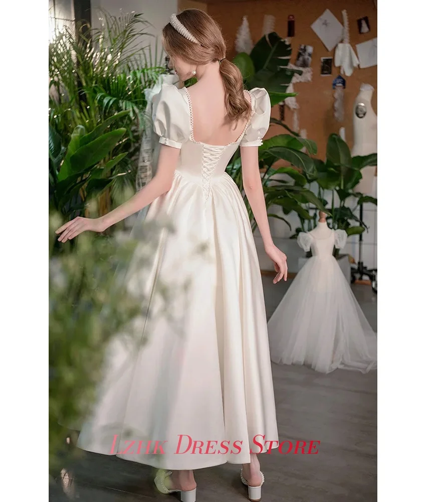 Robe de soirée en Satin classique personnalisée, ligne a, perles, haute qualité, col carré, manches courtes