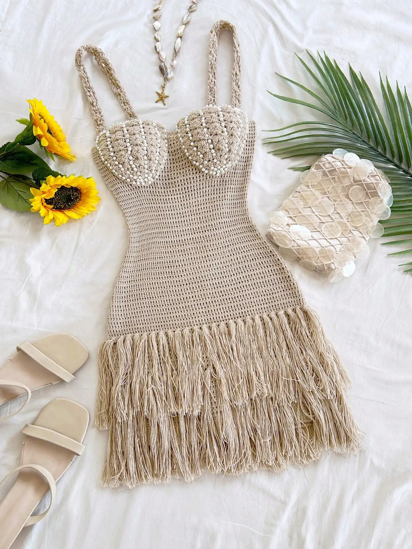 

Crochet Spaghetti Strap Mini Dress with Pearl-Embellished Cups and Fringe Hem
