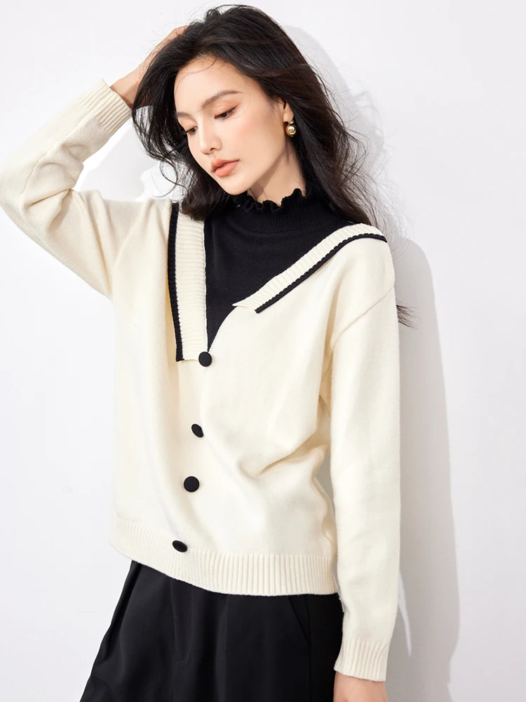 Gentle Style Fake Two-piece Elegant Sweater Women 2024 Autumn Winter New Temperament Turtleneck Knitted Tops