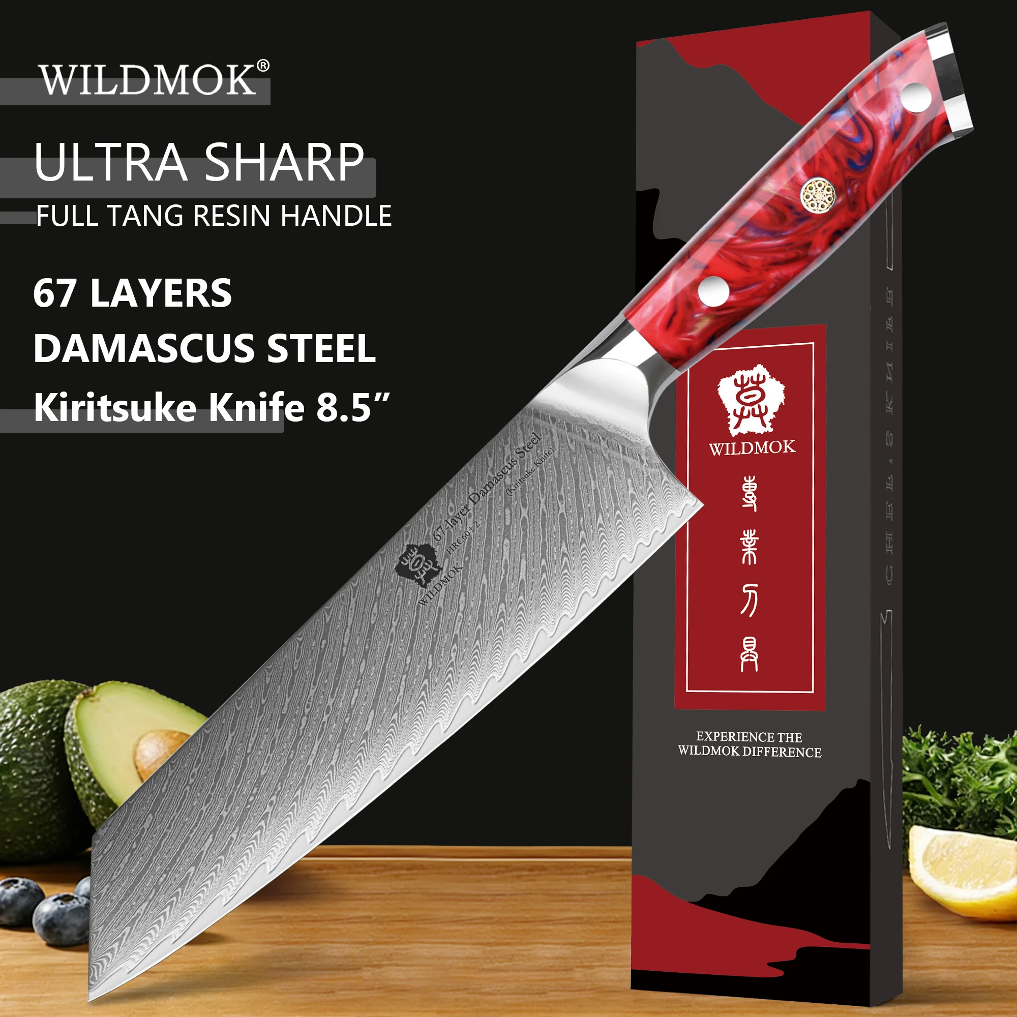 

Кухонный нож WILDMOK 8.5" Classic Kiritsuke из дамасской стали, профессиональный, острый, с эргономичной рукояткой из красной смолы