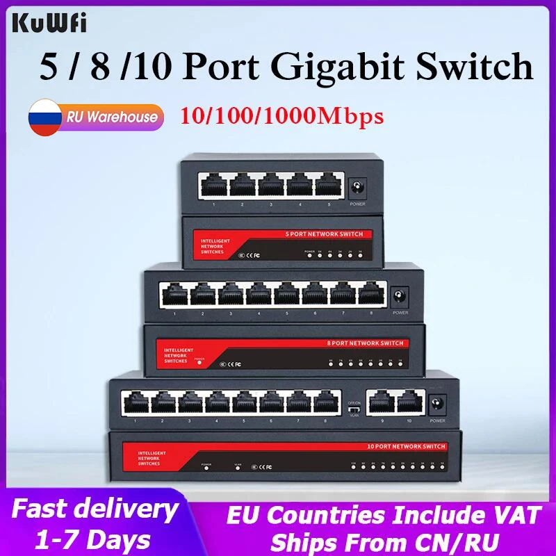 

KuWFi Gigabit Network Switch 100/1000Mbps Desktop Fast RJ45 Ethernet Switch LAN Switching Hub Adapter For Camera/Computer/Router