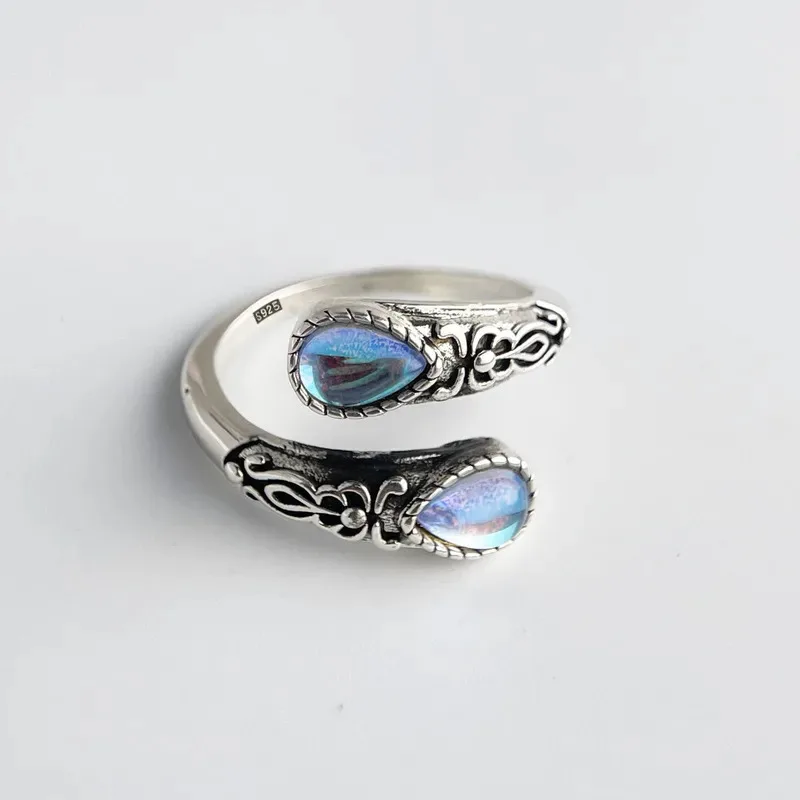 

925 Sterling Silver Rings For Women Geometric Fine Jewelry Finger Adjustable Vintage BLue Stone Ring For Party Birthday Gift
