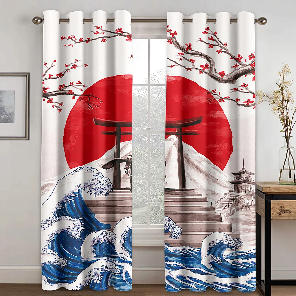 Long Blcak Japanese Sunrise Wave Custom Thin Window Curtains For Kids Bedroom Living Room Bathroom Kicthen Door Hall Home Decor