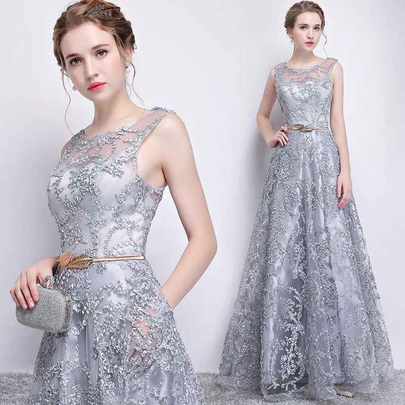 Banquet Evening Dress, 2024 New Silver Palace Style, Round Neck Slim Fit, Slimming Dress, Long Host Business Dress