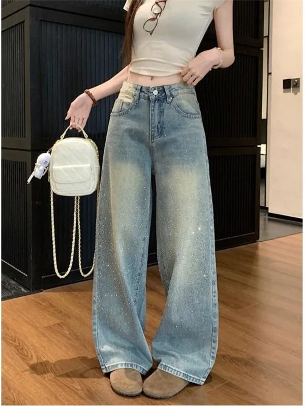 

Женские джинсы с широкими штанинами и высокой талией, расшитые, в корейском стиле, весна-лето, прямые, удлиненные, повседневные, с эффектом похудения