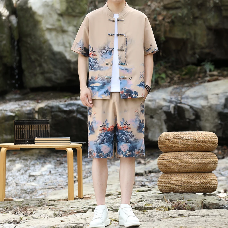 

Men's Sets Chinese Shirt And Shorts Fashion Mountain Printing Tow-Piece Summer Daily Casual Clothes Street Wear For Men M-XXXXL