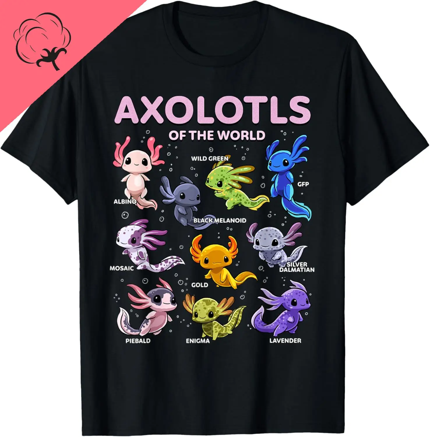 Axolotls of The World Kawaii Types of Axolotl Fish Amphibian T-Shirt Cute Tshirts Women Clothing Tops Cotton Kawaii Clothes