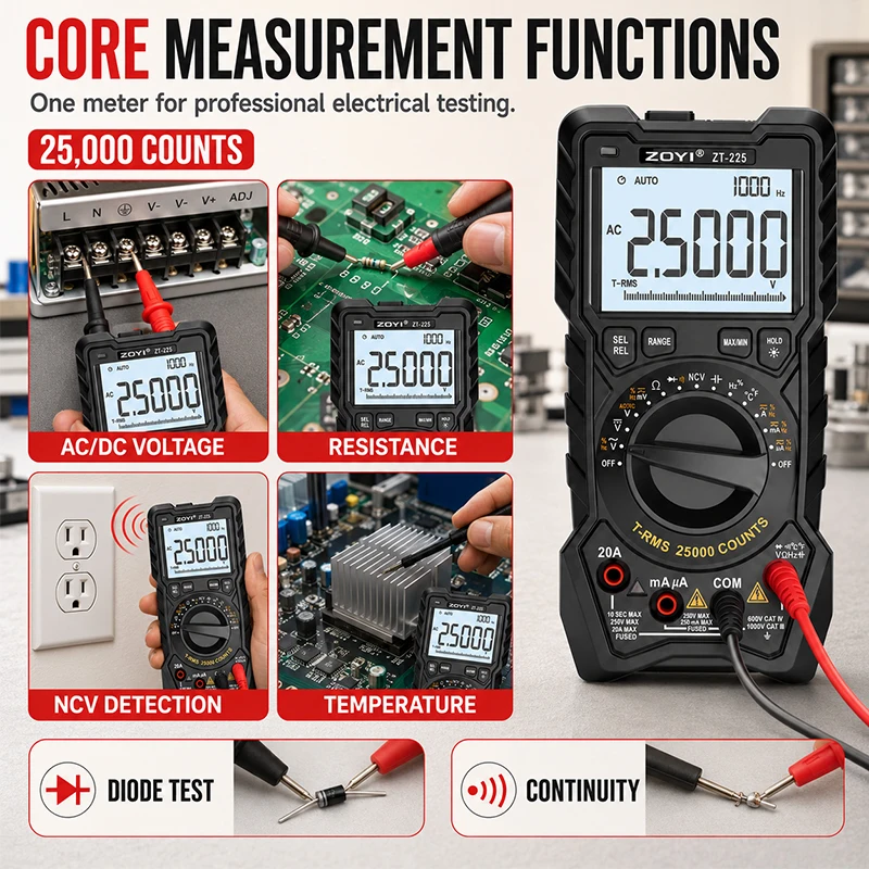 ZOYI ZT-225 25000 Counts 4½ Digit True RMS Digital Multimeter Auto Range Temperature Tester Electrician Home Industrial Repair