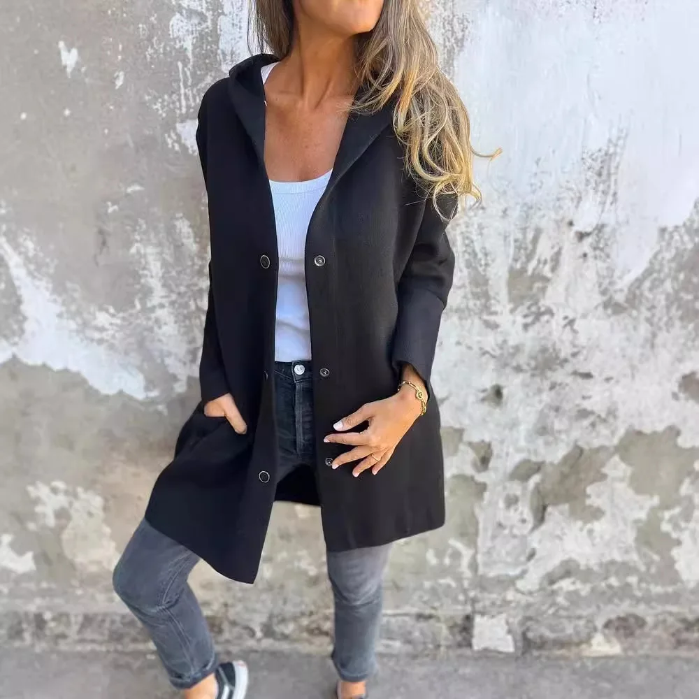 Europe and The United States New Solid Color Casual Hooded Coat,Women's Autumn and Winter Loose Single-breasted Medium-long Coat