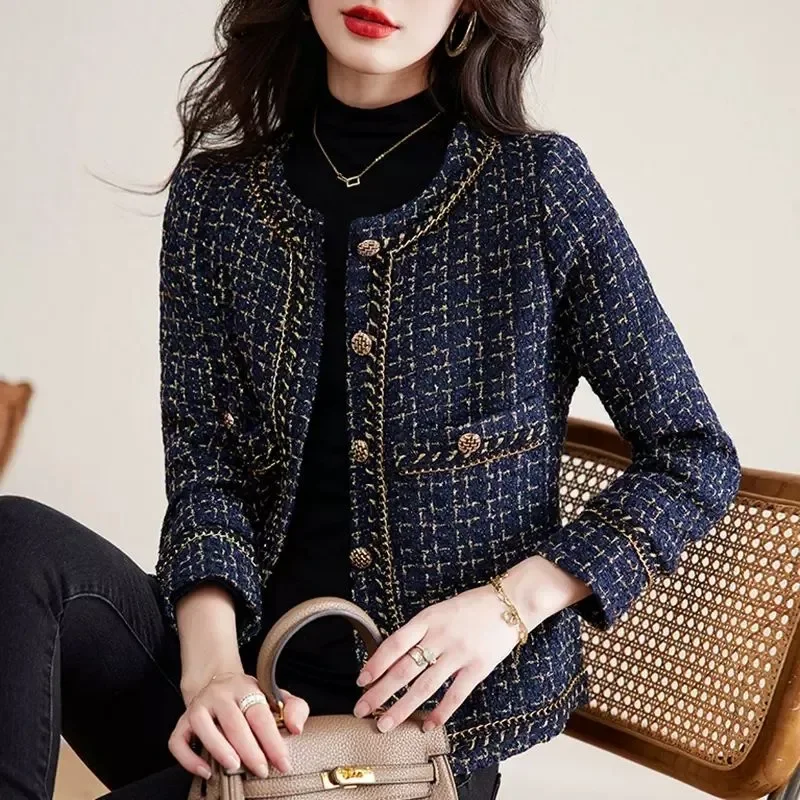 Vintage Cropped Tweed Jacket Women Blazer Korean Chic Single-breasted Long Sleeve Plaid Coat Spring Autumn Suit Outerwear New