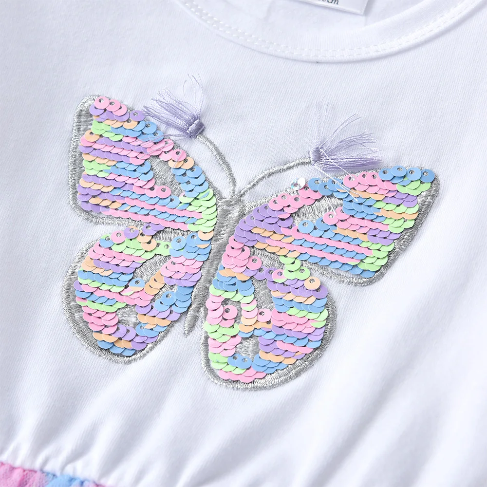 فساتين VIKITA للفتيات بأكمام طويلة للخريف والربيع للأطفال فساتين شبكية ملونة مزينة بالترتر على شكل فراشة لامعة متدرجة للأميرة #3