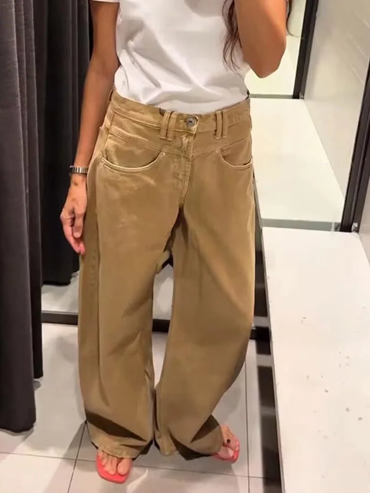 Celana Jeans Wanita HH 2025 Musim Gugur Model Vintage Warna Ocher Pinggang Rendah Kaki Lebar Warna Solid Dengan Saku Resleting Celana Lurus Mujer