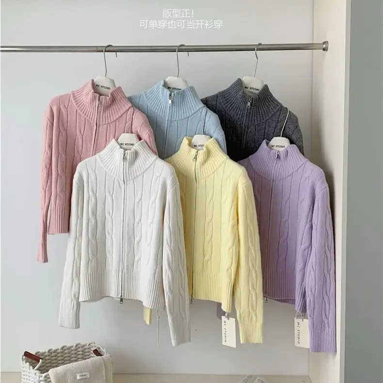 Maglione da donna con colletto rialzato con doppia cerniera 2024 giacca cardigan comoda morbida e cerosa stile pigro autunno e inverno