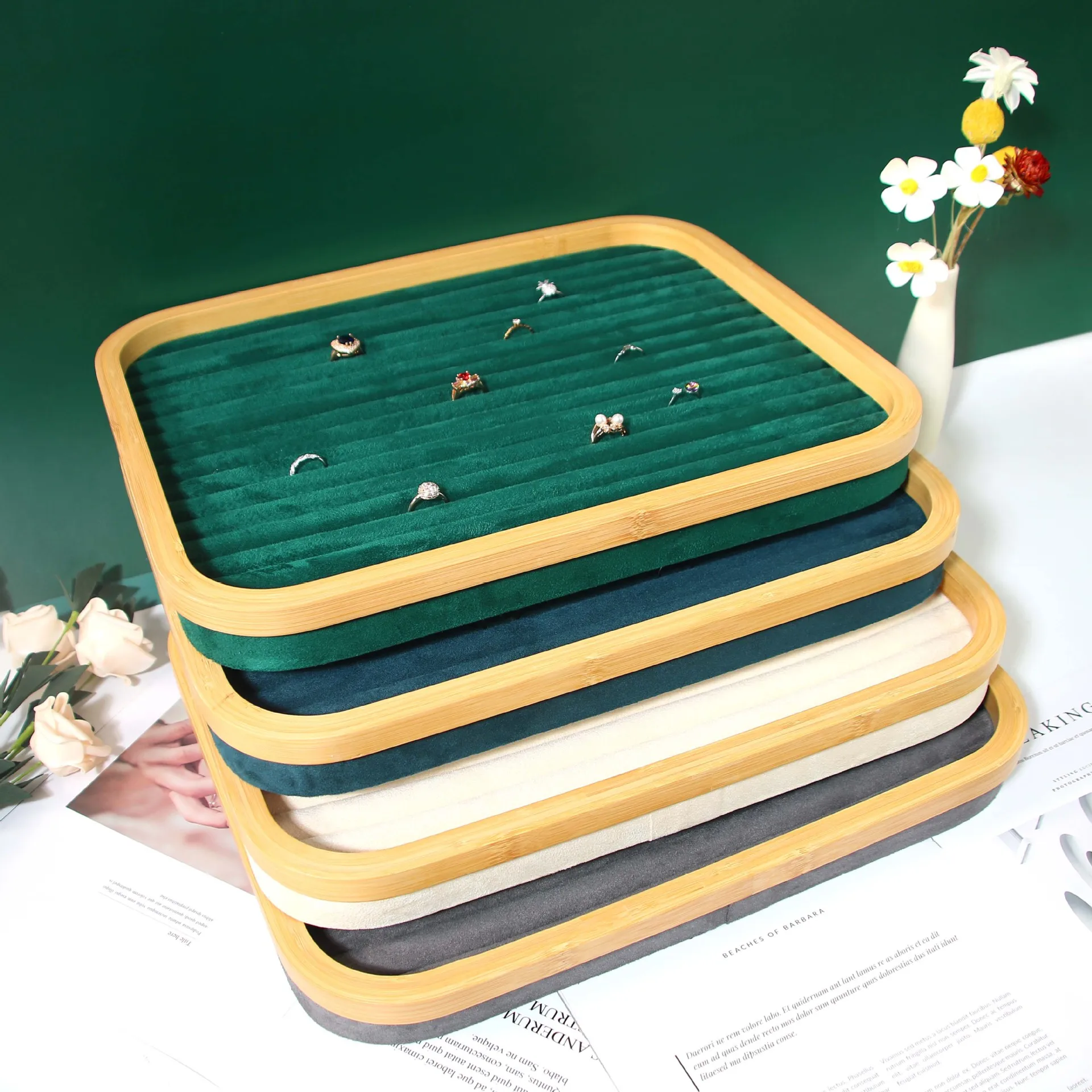 Wooden Velvet Rings Holder Rings Box/Tray Bracelet Pendant Jewelry Organizer Earring Storage Jewellery Display Tray Wholesale