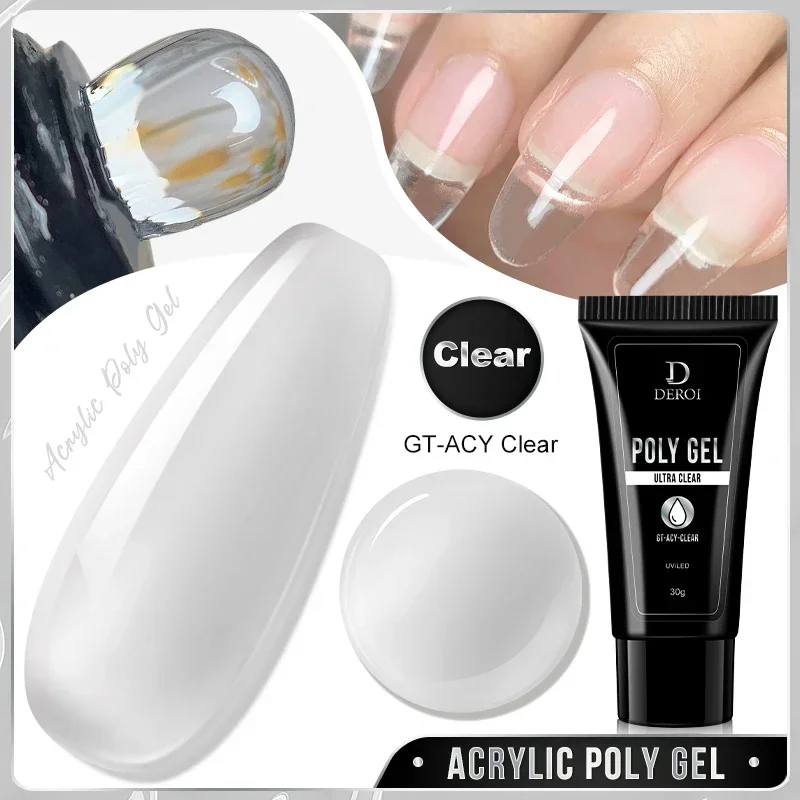 DEROI Crystal Poly Nail Gel Acrylic Natural Pink Semi Permanent UV Liquid Extension Hybrid Varnish Top Coat Buider Nail Gel 30ml