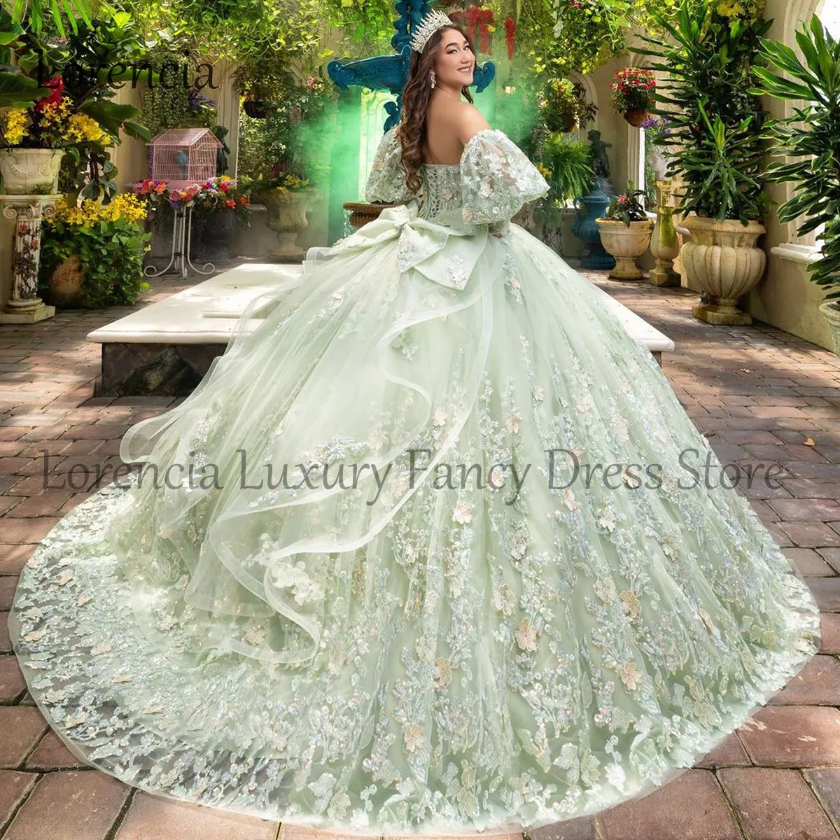 Verde 2024 principessa dolce 15 16 abito da ballo abito Quinceanera fiori 3D fiocco Applique pizzo con mantello formale Vestido De 15 Anos