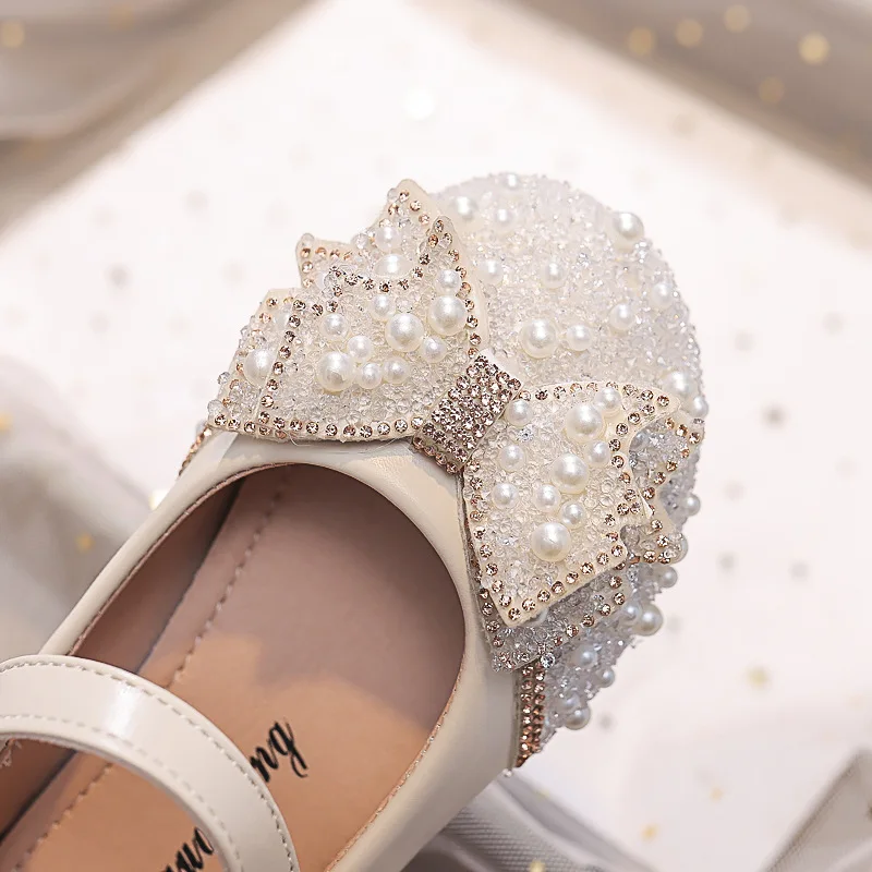 Zapatos de tacón con lazo y diamantes de imitación para niña, calzado de baile, estilo coreano, Princesa, boca cuadrada, primavera y verano, novedad de 2024