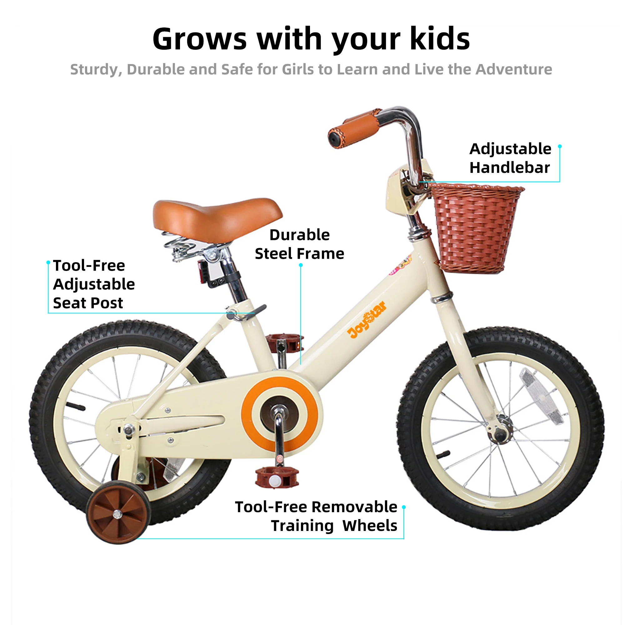 JOYSTAR Vintage Kids Bike with Training Wheels & Basket, 12 14 16 20 24 Inch Girls Bike for 2-14 Years Old,Beige