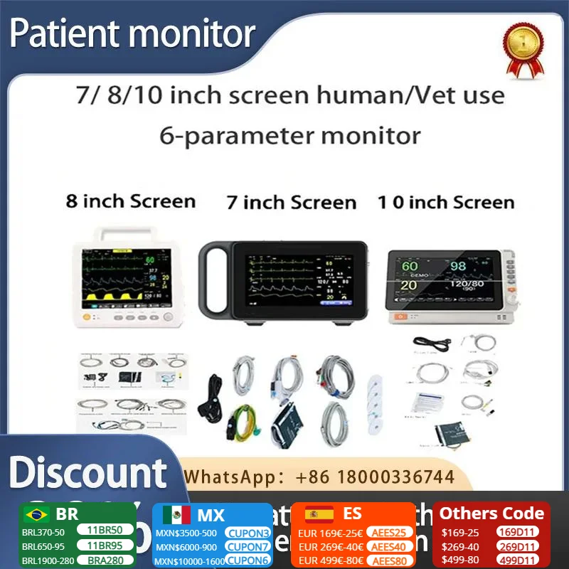 

7/8/10 inch screen human/Vet use portable 6-parameter monitor ECG/NIBP/PR/SPO2/RESP/TEMP patient monitor vital signs monitor