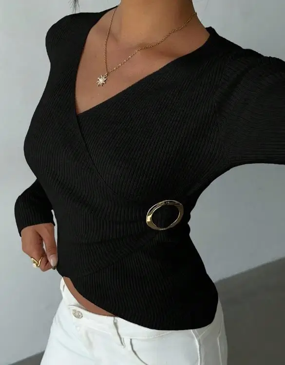 تي شيرت 2025 أنيق ومثير للخريف والشتاء قصير بقصة ضيقة وأكمام طويلة ورقبة على شكل حرف V #1