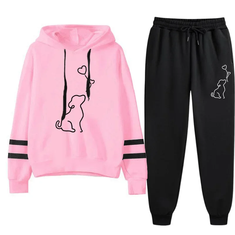 عرض ساخن لعام 2025 بدلة رياضية نسائية بقلنسوة سويت شيرت أسود Sweatpant ملابس رياضية عصرية غير رسمية على شكل لطيف طقم ركض بقلنسوة