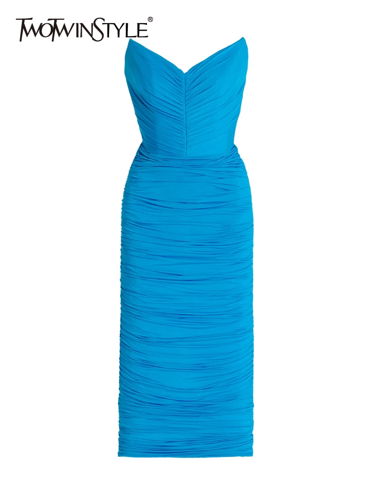

TWOTWINSTYLE Solid Patchwork Folds Slimming Backless Sexy Dresses For Women Strapless Sleeveless High Waist Bodycon Dress Female