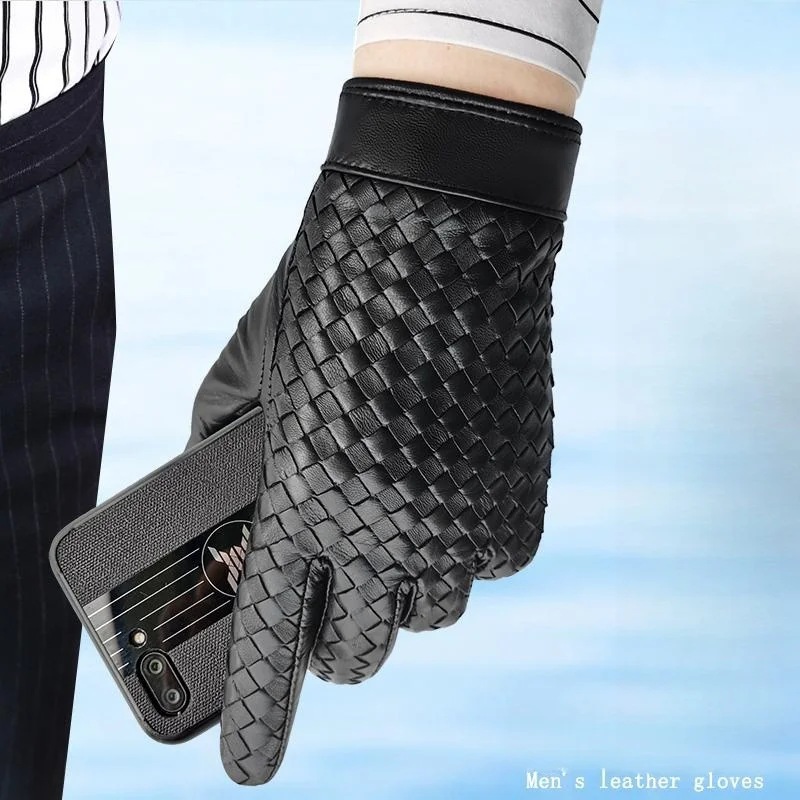 

Новые женские перчатки из овчины, кожаные перчатки с сенсорным экраном, модные тканые теплые шерстяные перчатки из овчины с вязаной подкладкой, перчатки для вождения высокого класса