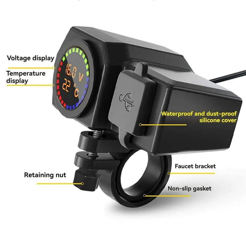 ABOK-USB Socket Motorcycle Handlebar & Rear Mirror Waterproof Fast Phone Power Adapter Digital Voltmeter Thermometer
