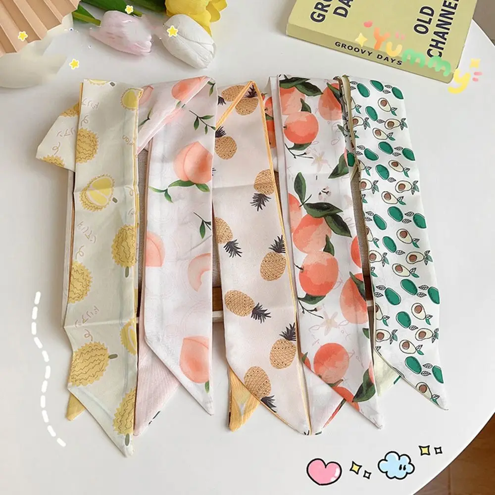 Decorate Headscarf Fruit Print Long Scarf Ribbon Korean Style Scarves Hair Band Satin Silk Scarf Female Printed Scarf Hair Tie