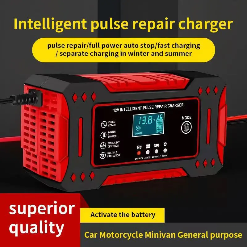 

6A 12V Car Battery Charger, Intelligent Auto/Motorcycle Charger, Lead-Acid Battery Repair, LCD Display, Fast Charging