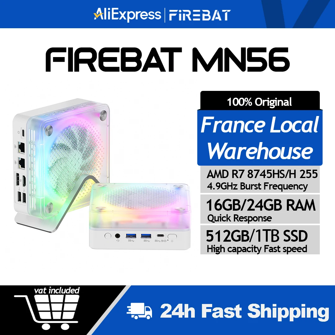 FIREBAT MN56 MINI PC AMD Ryzen 7 8745HS H255 DDR5 ROM 16GB 24GB SSD 512GB 1TB Ordinateur de bureau BT 5.2 WIFI6 HDMI TYPE-C USB Gaming Windows11 PC