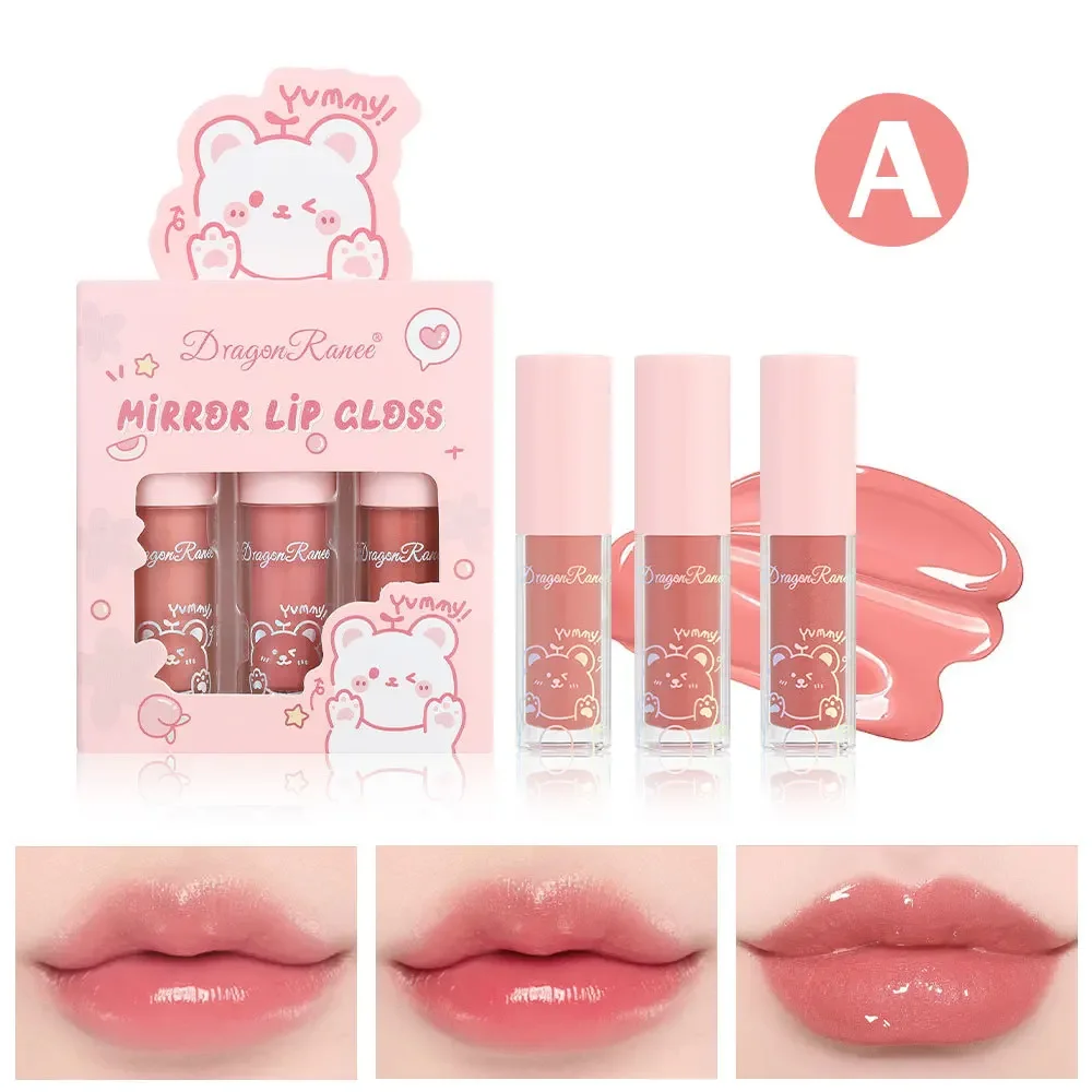 Dragon Ranee 3Pcs/set Glossy Lip Gloss Moisturizing Sparkling Glass Water Mirror Pearlescent Cartoon Lipstick Cosmetic Wholesale