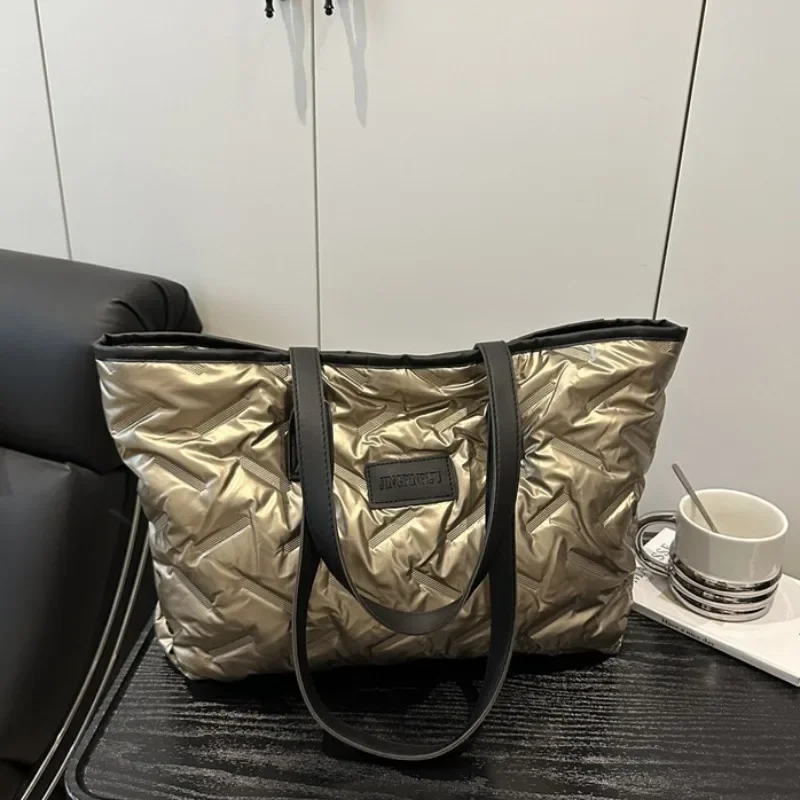 Large Capacity Down Jacket Bag for Women, 2025 New Embroidered Thread Handbag, Relaxed and Fashionable Tote Bags