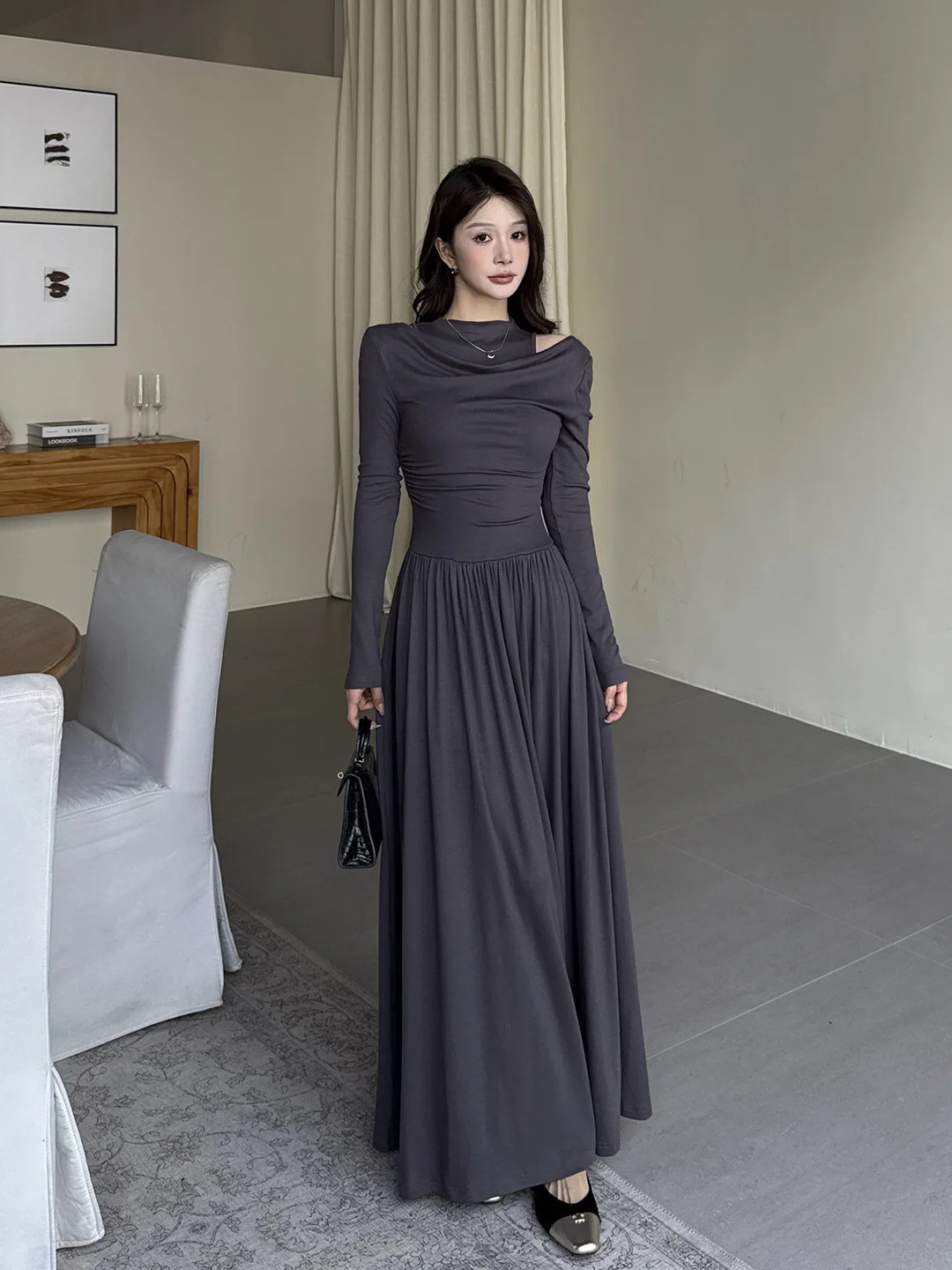 프렌치 스타일 투피스 그레이 오프숄더 드레스 여성 봄 가을 컷아웃 A라인 미디 드레스 우아한 솔리드 플레어 스커트 오피스룩